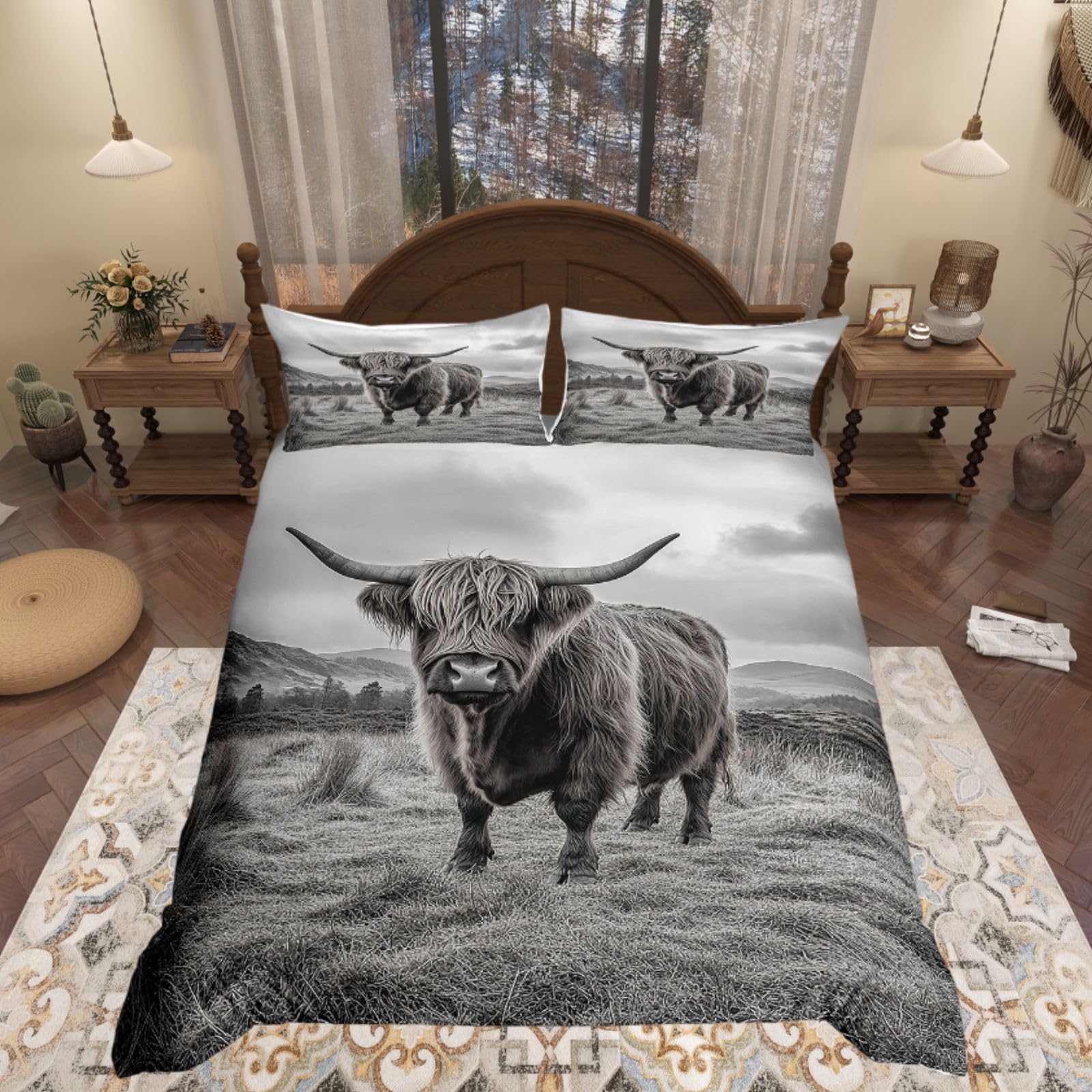 Homewish Grey Highland Cow King Size Duvet Cover Set - Western Farm Animal Bedding Woodland Cabin Decor - Scottish Hairy Coo Farmhouse Style Soft Microfibre Bed Sets Gift for Men Women — image 1