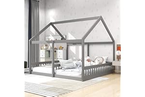 Merax Double Twin Kids House Shaped Low Platform Beds, Wood Floor Bed Frame for Boys, Girls, No Box Spring Needed Easy Assemble (Twin,Grey