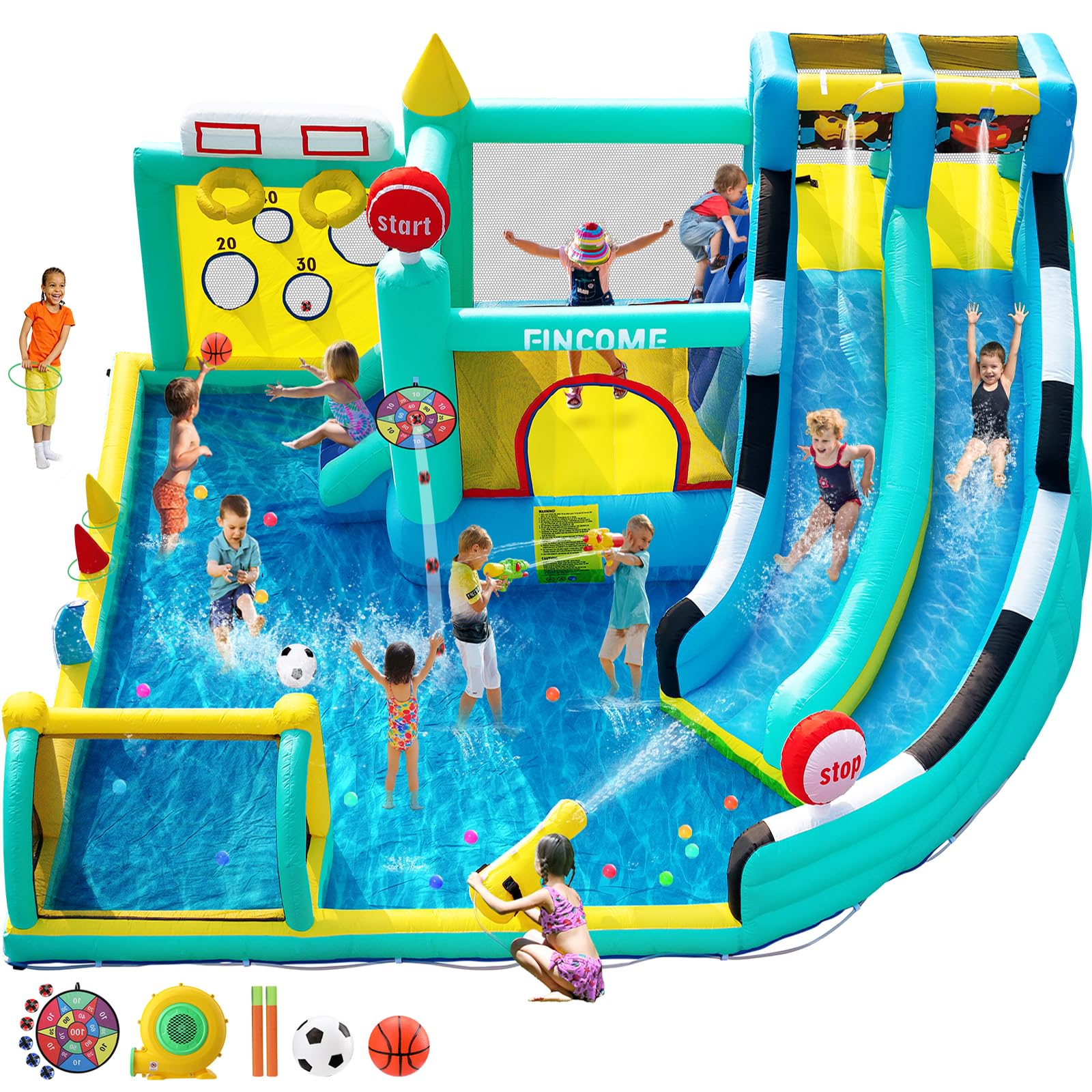 Photo 1 of FINCOME Bounce House Double Slides for Kids 3-10, Large Bounce Castle with Air Blower 550W, Pool, Jumping, Climbing, Balls, Ring Toss, Inflatable Water Park for Birthday Party Holiday Outdoor Indoor