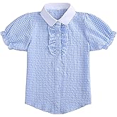 Girls Short Sleeve Button Down Shirts Ruffle School Uniform Crop Tops Peter Pan Collar Plaid Blouse 4-13Y