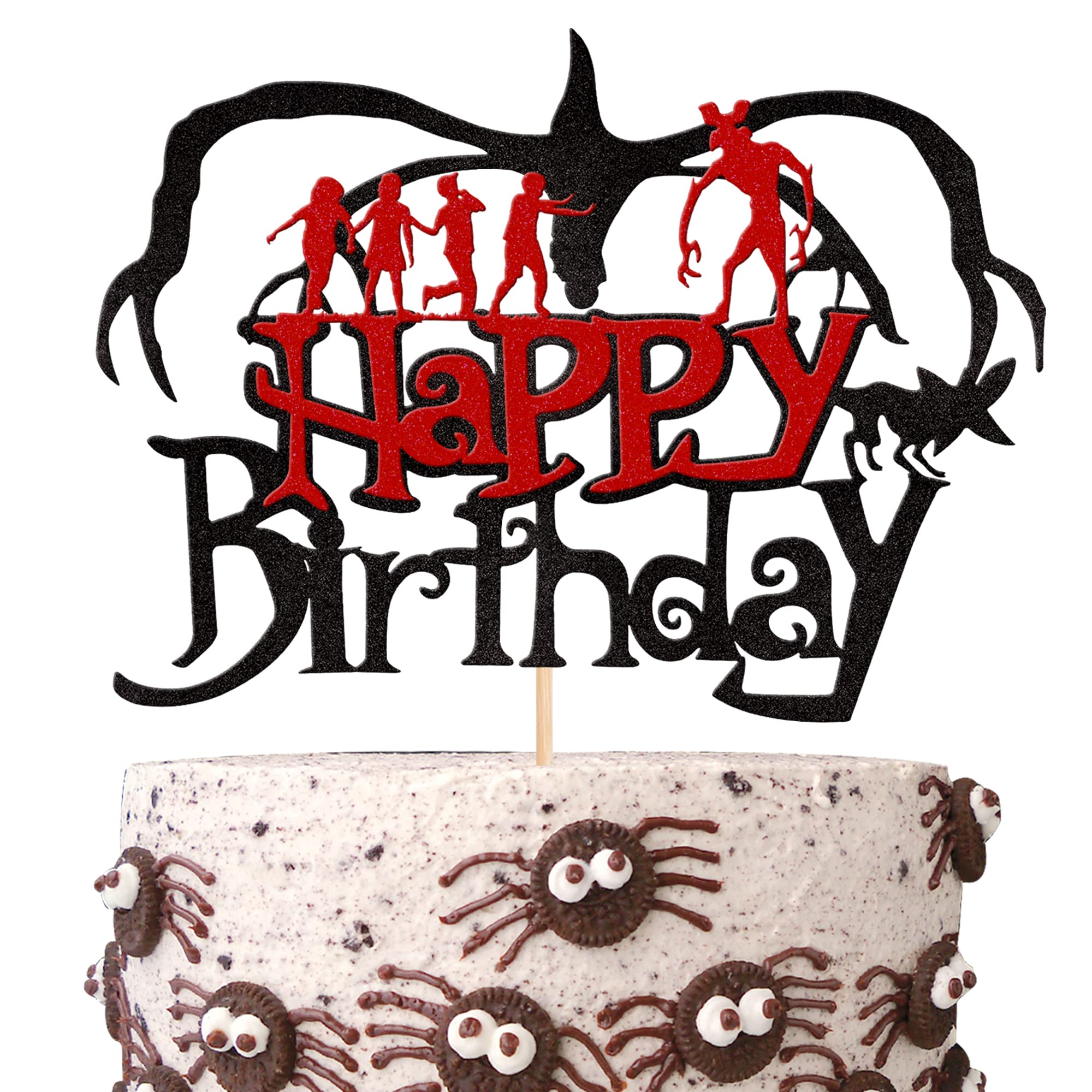 Xsstarmi 1 Pack Stranger Happy Birthday Cake Topper Glitter TV Program Stranger Inspired Party Cake Pick for Stranger Theme Children Boys Girls Birthday Party Cake Decorations Supplies