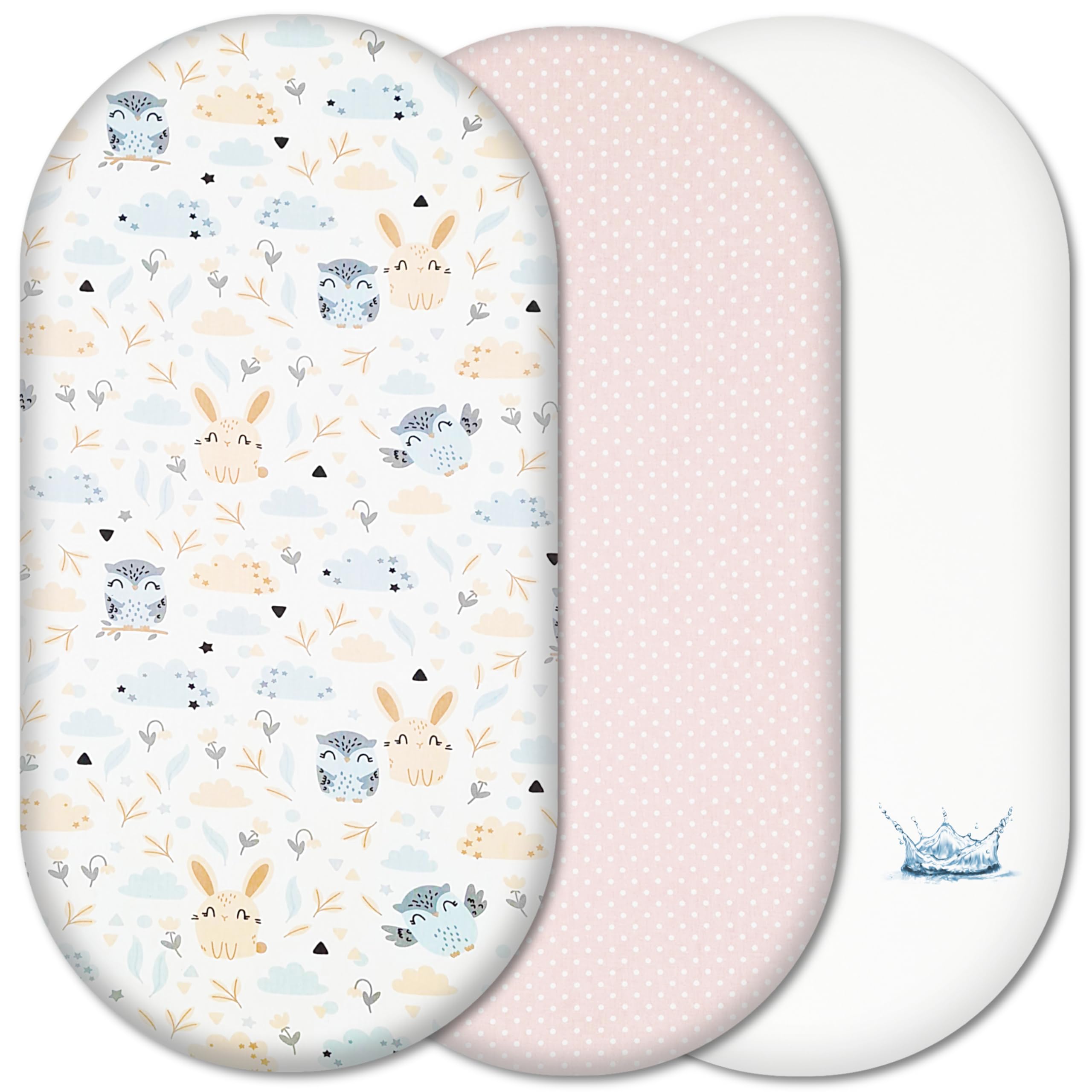 Moses Basket Fitted Sheets Set – 100% Cotton, 3pc Moses Basket Bedding Set with 2 Fitted Sheets & 1 Waterproof Mattress Protector – to fit Moses Baskets, Bassinets & Prams mattress up to 76x36cm