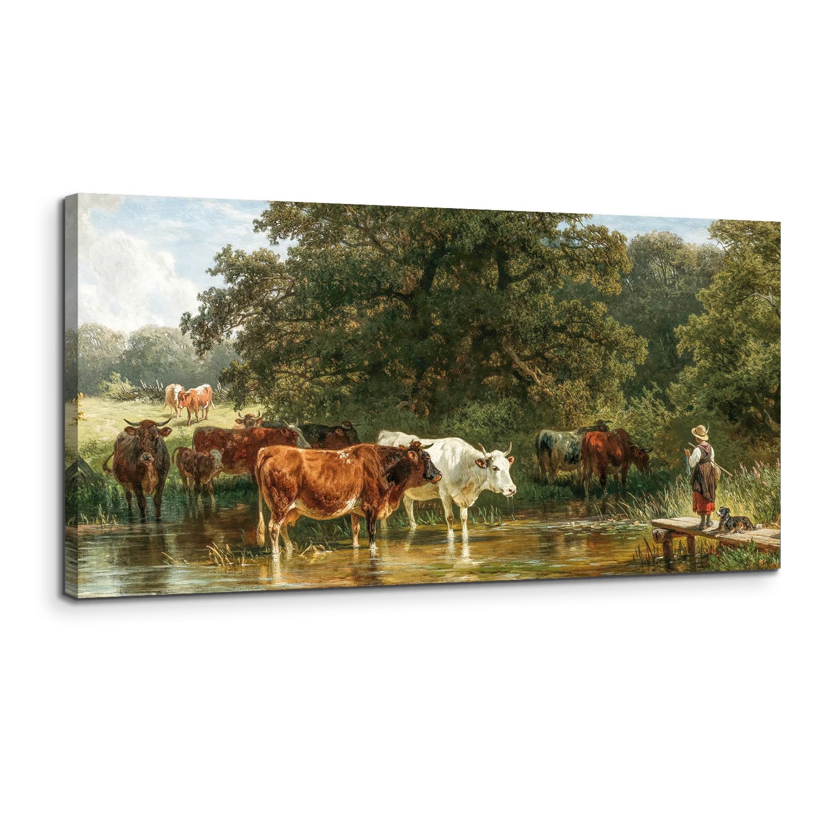 Photo 1 of SERIMINO Landscape Wall Art Vintage Decor, Animal Cow Canvas Prints, Forest Grazing Cattle Aesthetic Pastoral Paintings, Rustic Farmhouse Wall Decor Living Room Bedroom, 20x40 Inch