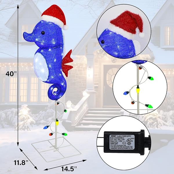 PRSILDAN OUTDOOR CHRISTMAS DECORATIONS – 40 INCH COLORFUL LED SEAHORSE YARD DECOR WITH SANTA HATS, LIGHTED HOLIDAY LAWN STAKES FOR PORCH, GARDEN, PATHWAY, SEAHORSE FIGURES XMAS DECOR (BLUE)