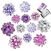 WRAPAHOLIC 14 Pcs Gift Bows Assortment - 12 Multi Colored Assorted Size Gift Bows (Purple, Pink, White, Rose Gold, Silver) and 2 Crimped Curling Ribbons, Perfect for Christmas, Holiday, Party