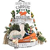 Dazingart Easter Tiered Tray Decor, Carrorts Rolling Pin Tray Decorations Bunny Wooden Signs Wood Bead Garland, Farmhouse Easter Spring Decorations for Home Table Shelf Party Holiday (Carrots)