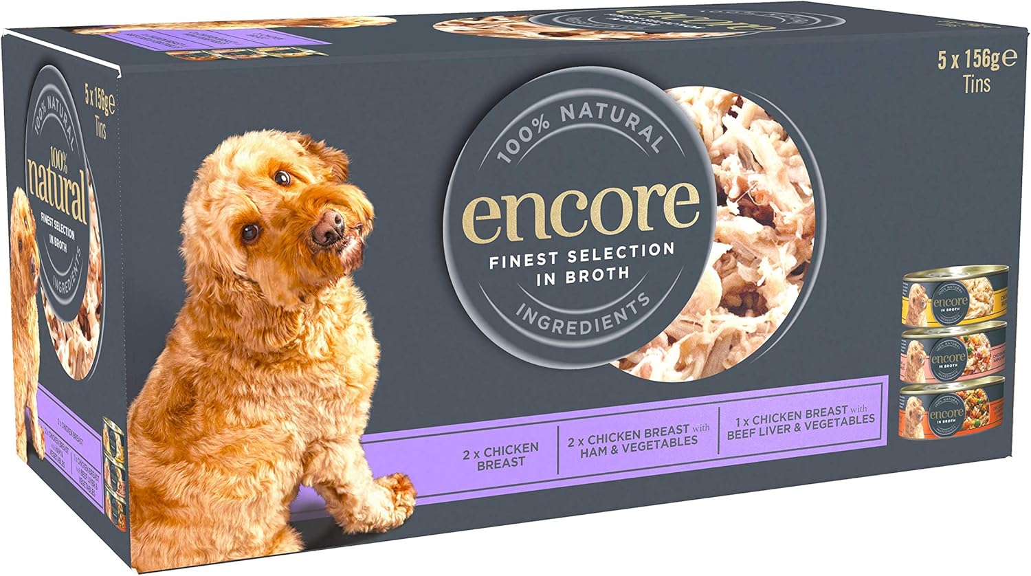 Encore 100 Natural Wet Dog Food, Chicken Multipack in Broth 156g Tins