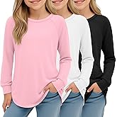 LessonZoo 3 Pack Girls Long Sleeve Shirts Kids Crewneck Curve Hem Casual Tops Raglan Sleeve Athletic Comfy Pullover Tees