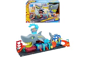 Hot Wheels City Toy Car Track Set, Ultra Shark Car Wash with 1:64 Scale Color Reveal Toy Vehicle, Repeat Color-Change Feature