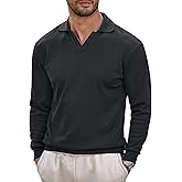 VOGSTART Mens Polo Shirts Long Sleeve V Neck Golf Shirt Casual Solid Color Classic Pullover (S-XXL)