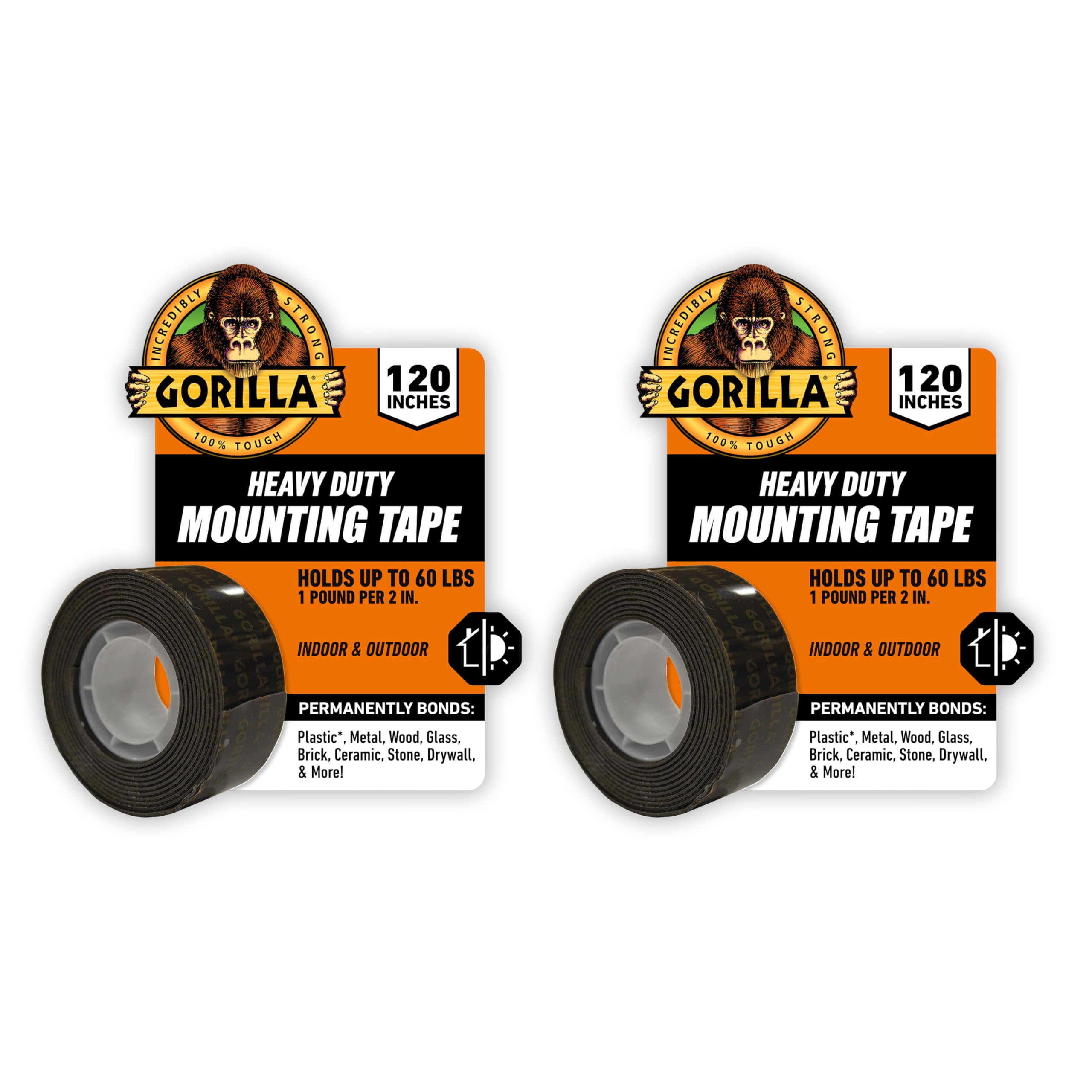 GORILLA Heavy Duty Double Sided Mounting Tape, 1" x 120", 2-Pack