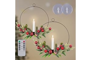 NOMFIX Christmas Wreath for Front Door Window: 11.8" Christmas Door Wreath with LED Taper Candles, Red Christmas Berries Decorations for Windows Garland Door Decorations Winter Ornaments - 2 Pack