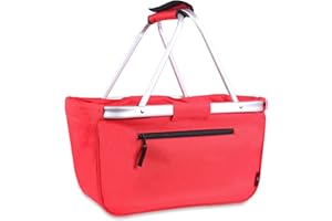 Picnic Basket, SIYUAN Collapsible Shopping Basket 24L Portable Grocery Basket with 2 Handles Reusable Folding Market Basket Large Christmas Basket, Cherry Red