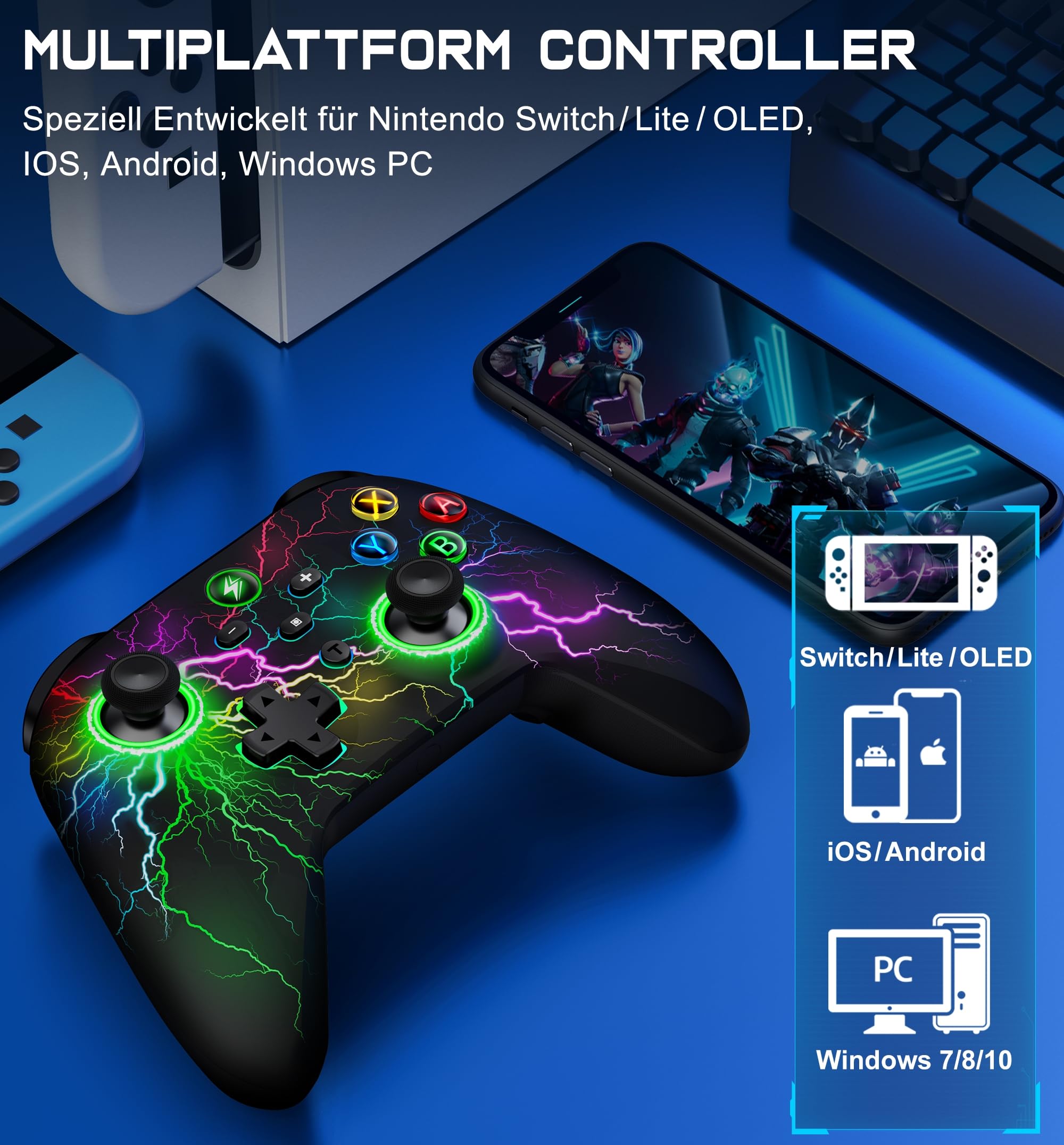 HASACOOL Switch Controller, Switch Pro Controller mit 2 Back Button Macro Programmierbar/Blinkende Lichter, 1000mAh Controller Switch für Switch/Lite/OLED, Kompatibel mit Android/IOS/PC 7