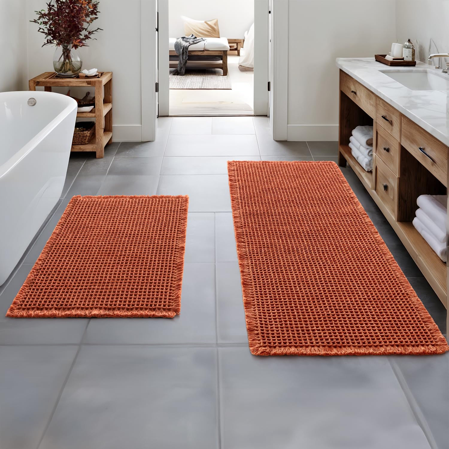 Photo 1 of MIULEE Fall Orange Set of 2 Waffle Bathroom Rugs, Boho Bath Rugs Non Slip Washable, Super Absorbent Bath Mats, Ultra Soft Rubber Backed Shower Mats for Bathroom Floor, Tub, 17"x24"+17"x48"