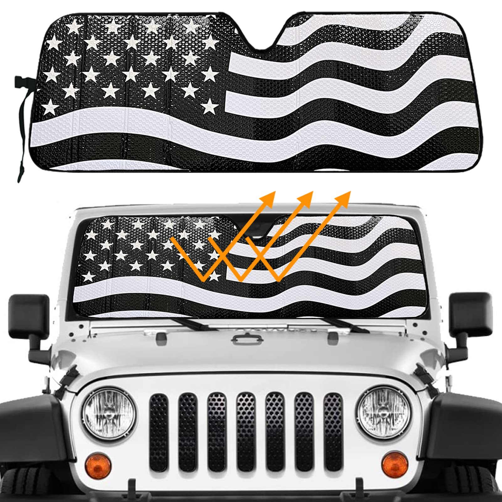 Photo 1 of Big Hippo American Flag Windshield Sunshade for 2007-2023 Wrangler Rubicon Sahara TJ JK JKU 2 & 4 Door Car Sun Shade Sun Visor Protector Blocks UV Rays and Keep Vehicle Cool (Black)