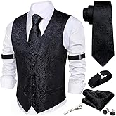 Barry.Wang Mens Vest Tie Set Floral Jacquard Waistcoat Necktie Cuffllinks Sleeve Holder Set Formal Wedding Party 6PCS