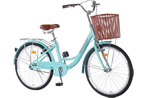 CYCLIST SAWYER Hybrid Bikes for Women, 24/26 inch Adult Bicycles Lightweight Hi-Ten Steel Frame Road Bike Single Speed with Rear Rack and Basket, Commuter City Bike, Comfort Lady Bicycle, Vintage Adult Bike