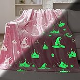 Hillsuren Witch Hat and Pink Crown Blanket for Girls 50 x 60 Inch Glow in The Dark Fun Witch Theme Throw Blanket Team Gifts for Christmas Halloween Thanksgiving Gift Decoration