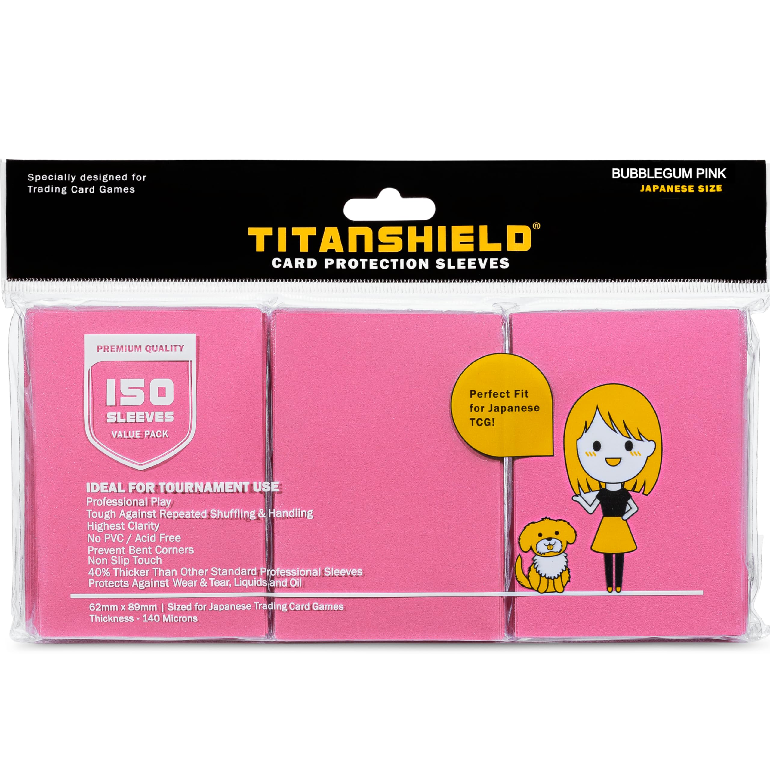 TitanShield (150 Sleeve/Bubblegum Pink Small Japanese Sized Trading Card Sleeves Deck Protector for Yu-Gi-Oh, Cardfight!! Vanguard & More