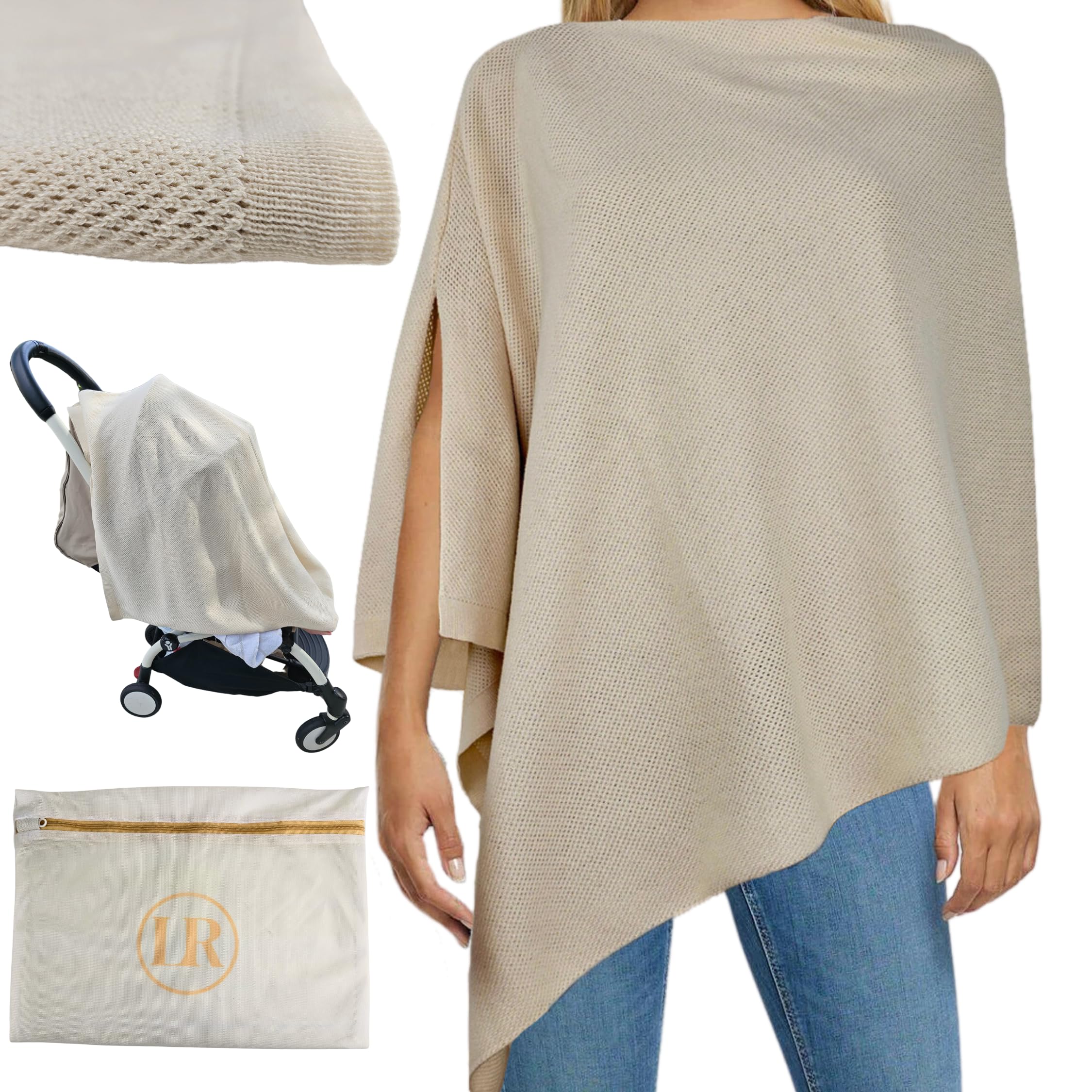 Photo 1 of Little Rou Peekaboo Knit Breathable Nursing Cover Up For Breastfeeding - Soft Organic Cotton & Cashmere Breast Feeding Covers For Women - Privacy Feature - Includes Mesh Laundry Bag (Beige)