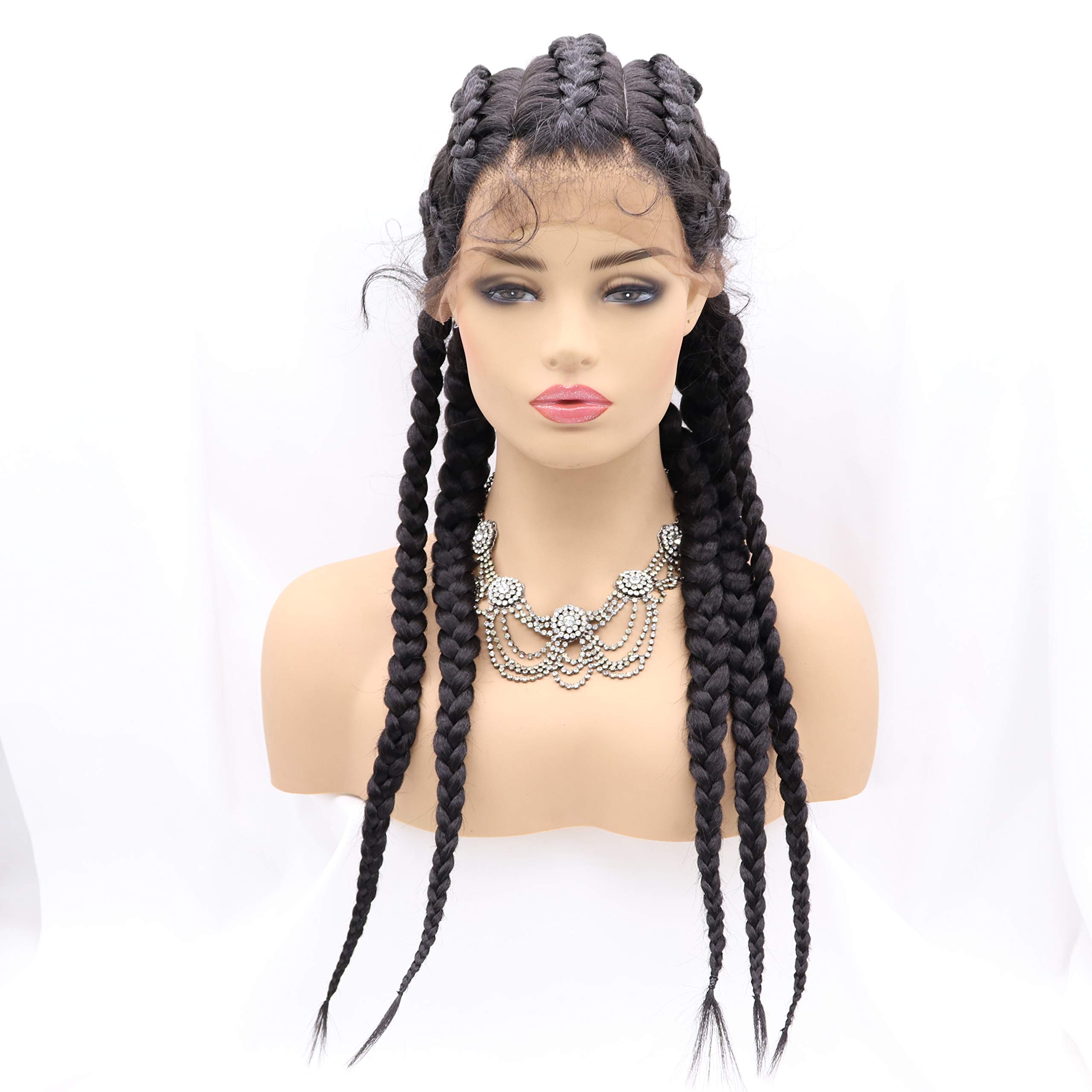 xiweiya Braided Wig Long Black Double Dutch Braids 5xBraids Box Braids Cornrow Braids with Baby Hair Crochet Braiding Hair Natural Hairline French Braids For Women 32inch