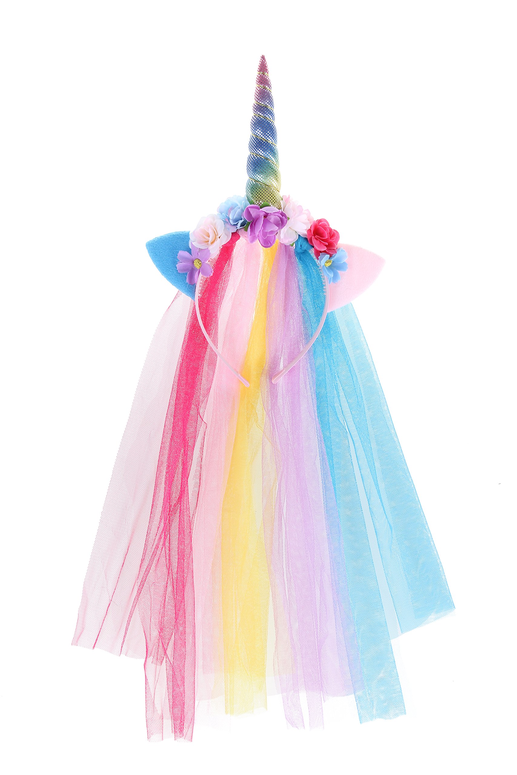 Rainbow Unicorn Headband With Tulle Mane Featuring A Rainbow Horn, Pastel Cat Ears, and Flowers