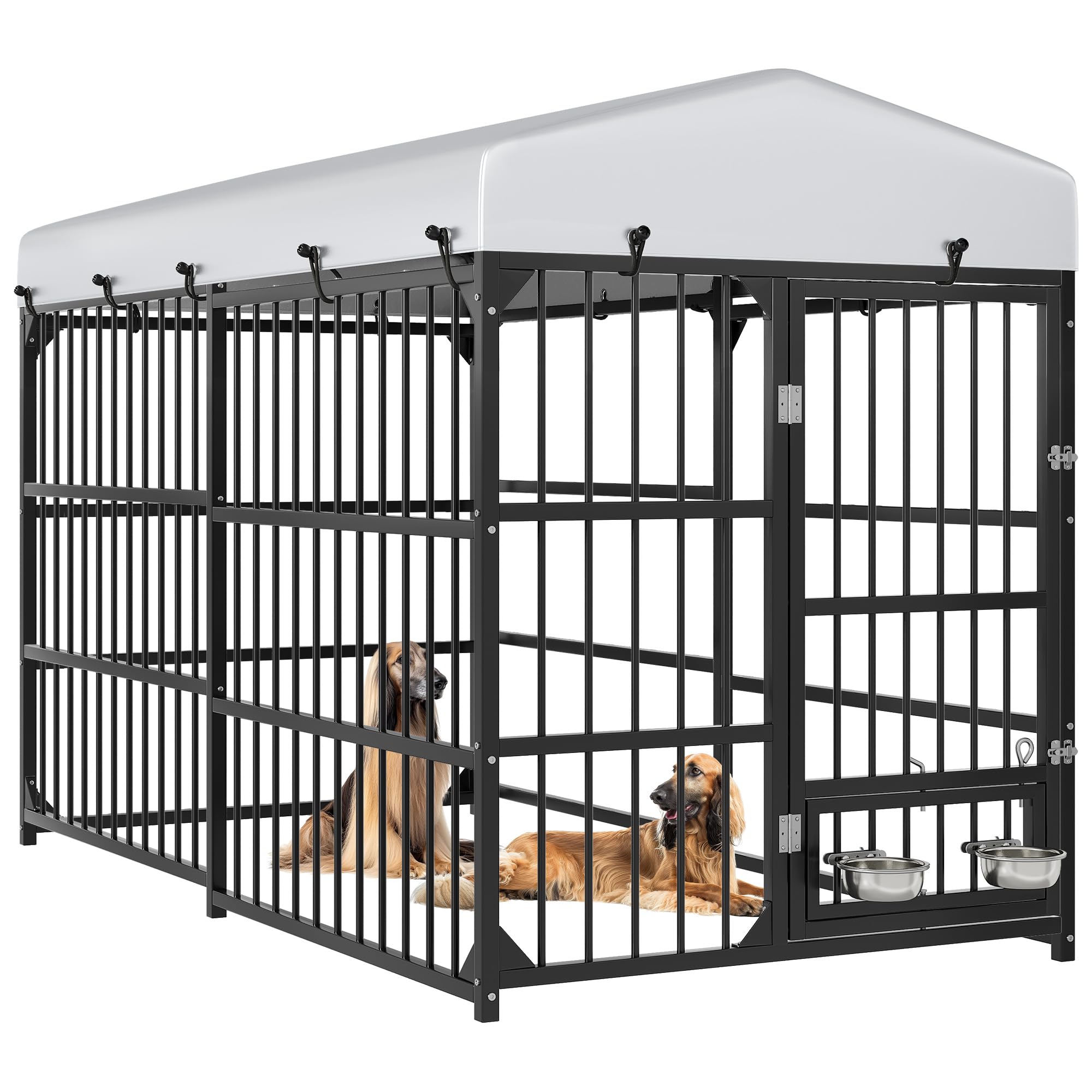 Photo 1 of YITAHOME Large Outdoor Dog Kennel with Rotating Feeder Bowls, 8'L x 4'W x 5.4'H Dog Pens Outside with Roof, Heavy Duty Dog Cage for Medium Large Dogs