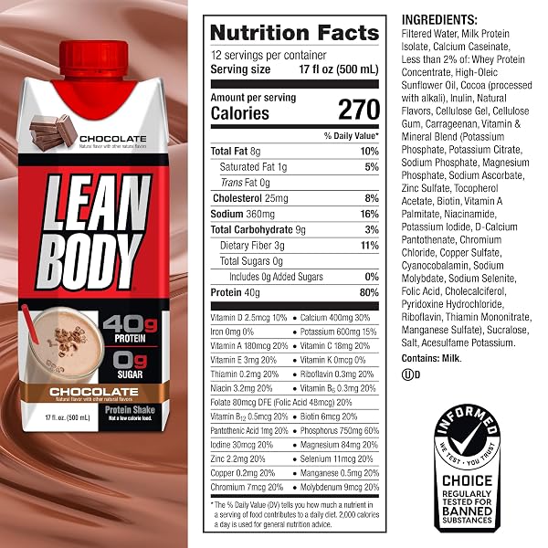 LABRADA LEAN BODY READY-TO-DRINK CHOCOLATE PROTEIN SHAKE, 40G PROTEIN, WHEY BLEND, 0 SUGAR, GLUTEN FREE, 22 VITAMINS & MINERALS, LABRADA, 17 FL OZ (PACK OF 12)