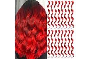 TOFAFA 16 Pcs Colored Hair Extensions Curly Wavy Clip in Synthetic Hairpiece Streak for Girls Women Kids,Colorful Party Highlights Halloween Cosplay Festival Gift(Red)