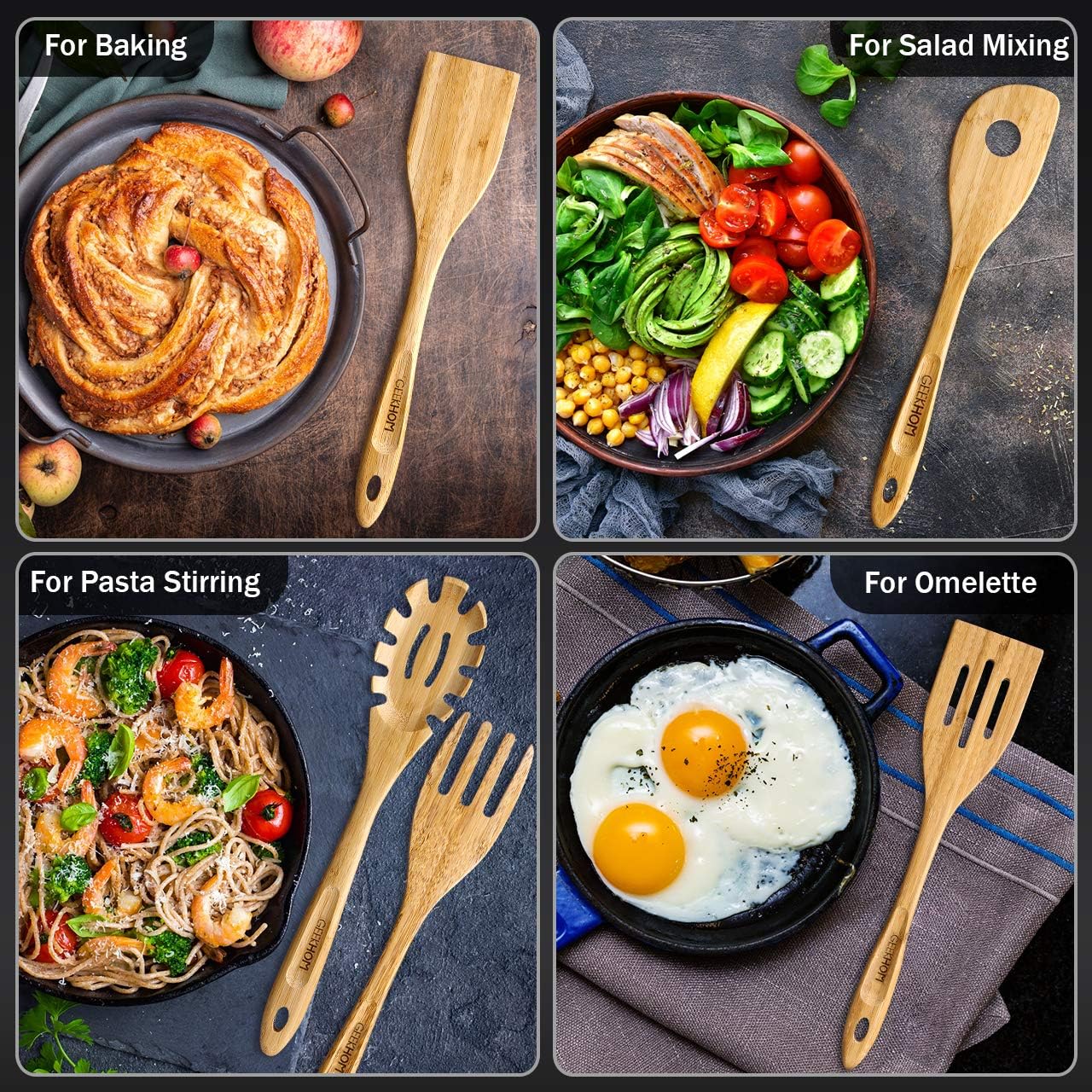 GEEKHOM Bamboo Cooking Utensils with Holder, 7 Pieces Extra Large Wooden Kitchen Utensils Set, Heat Resistant Wood Spoons Turners Spatulas for Nonstick Cookware, Kitchen Flippers for Pancake Egg Fish: Kitchen & Dining