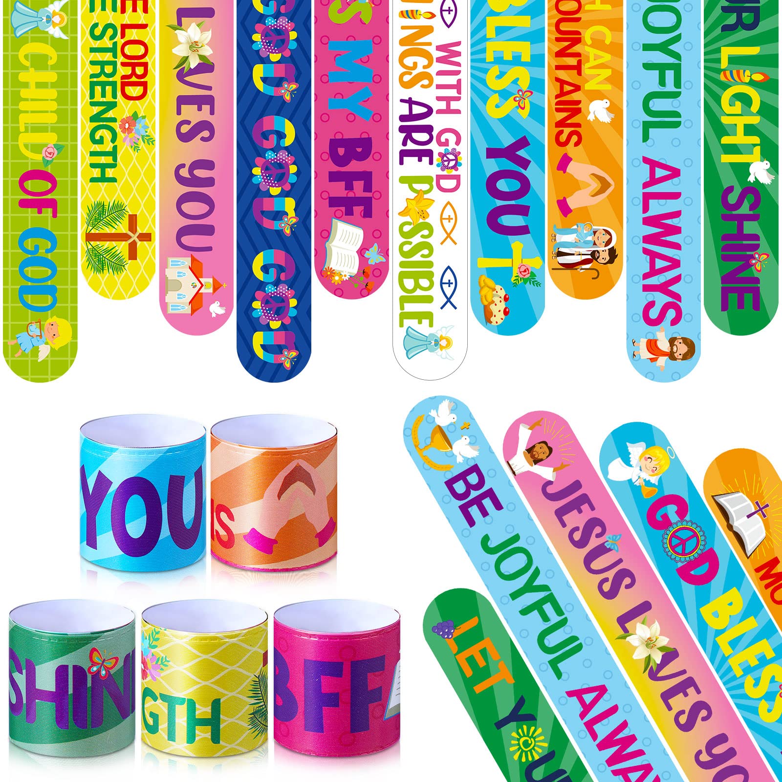 Frienda 40 Pcs Bible Verses Religious Christian Slap Bracelets for VBS Jesus Love You Wristbands Inspirational Motivational Nativity Slap Bracelet Sunday Supplies He Is Risen(Motivational)