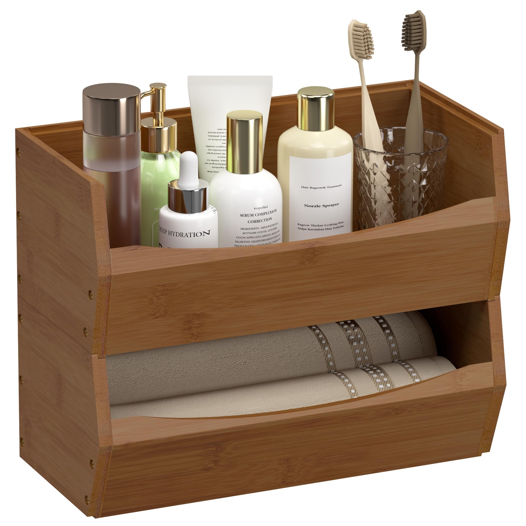 Photo 1 of 2 Set Open Front Stackable Storage Bins, Bamboo Stacking Storage Bins Food Vegetable Makeup Containers, Organizer Bins for Kitchen, Bathroom, Office, Cabinet, Countertop Storage (Long Walnut)