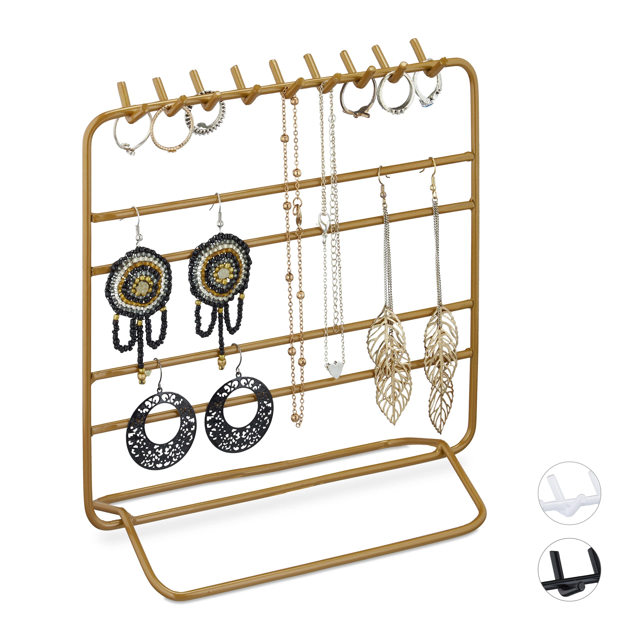 Relaxdays Jewellery Stand, Necklaces, Earrings, Bracelets, Iron, H x W x D 21 x 20 x 10 cm, Gold
