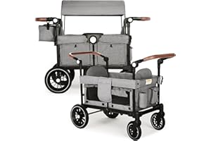 TODEFULL Wagon Stroller for 2 Kids, Foldable Kids Wagon Cart Featuring with Harnesses, Adjustable Double Push Handle, Removable Canopy, Snack Tray, Large Storage Bag, Gray