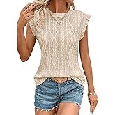 SHEWIN Women's Summer Tops Casual Crewneck Cap Sleeve Shirts Lightweight Crochet Knit Texture Tank Top Blouses