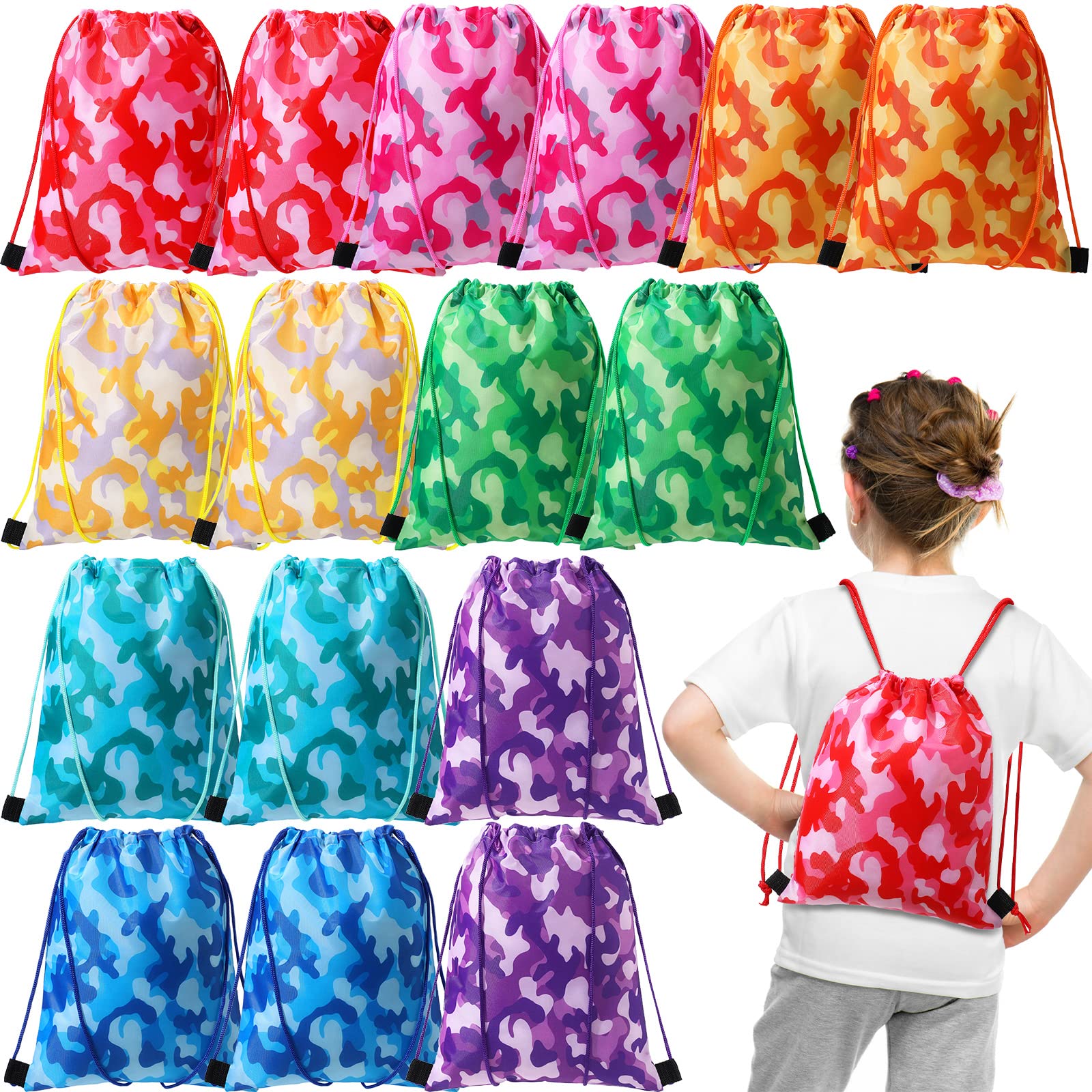Weewooday 16 Pack Camouflage Drawstring Bags Party Favors for Kids Party Bag Colorful String Bags Small Cinch Goodie Bags Candy Snack Toy Storage Bag Travel Camping Sports Drawstring Backpack