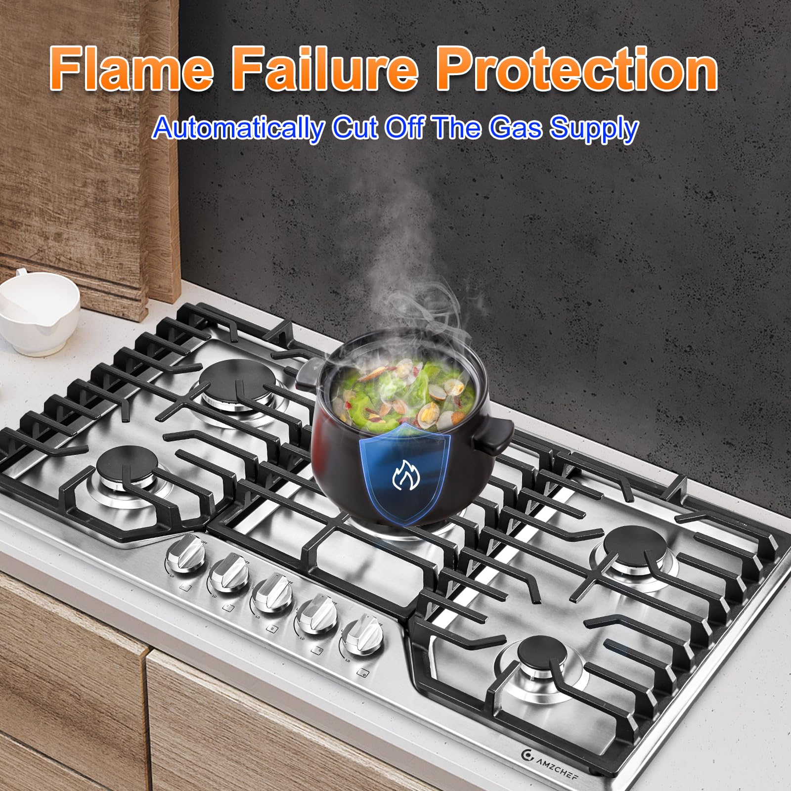 AMZCHEF 36 inch Gas Cooktop with 5 Made in Italy SABAF Power Burners.Max 48300 BTU/hr Built-in Gas Stove top of 304 Stainless steel with Double Sided griddle,NG/LPG Convertible,ETL.