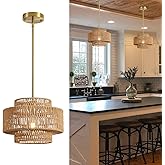 InterMaka 12.4” Boho Rattan Chandelier Light Fixture, 1-Light Hand Woven Pendant Light Fixture Farmhouse Rustic Hanging Lamp 