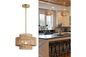 INTERMAKA 12.4” Boho Rattan Chandelier Light Fixture, 1-Light Hand Woven Pendant Light Fixture Farmhouse Rustic Hanging Lamp for Kitchen Island Bedroom, Dining Room, Living Room, Entryway, Foyer
