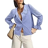 siliteelon Plaid Shirts for Women Gingham Top Button Down Shirts Peter Pan Collar Puff Long Sleeve Cotton Casual Work Blouse