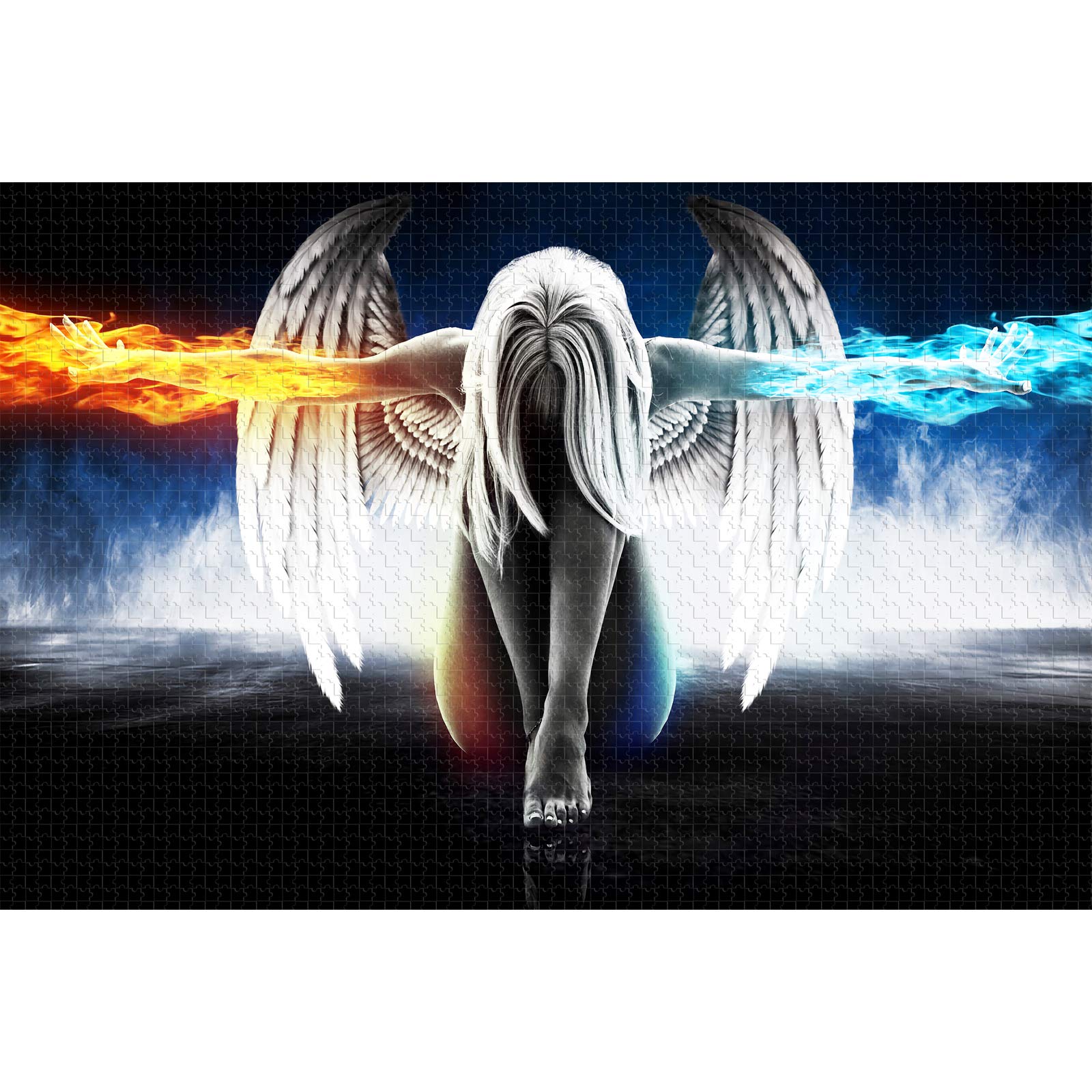 WACYDSD Jigsaw Puzzle 1000 Piece 3D Puzzle Anime Angel Girl Wings Ice And Fire Poster And Printed Wall Art Picture For Living Room Home Decoration Gift