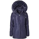 Women Midlength Down Alternative Quilt Winter Puffer Coat Zip Off Fur Trim Hood