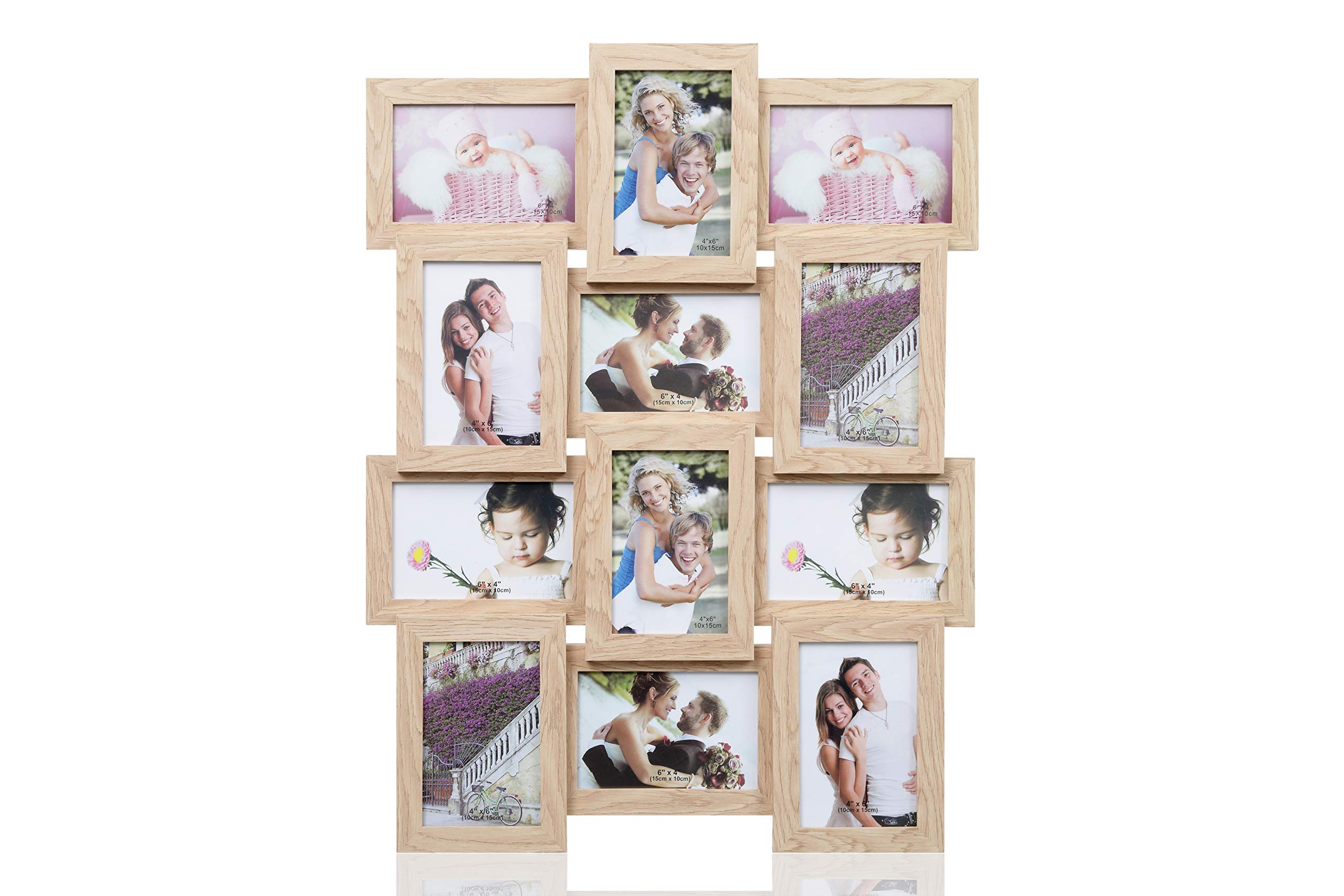 ARPAN Multi Aperture Picture Wooden Photo Frame Holds 12 x 6 x4 Photos, Collage Picture Wall-Mounted Frame (Natural)