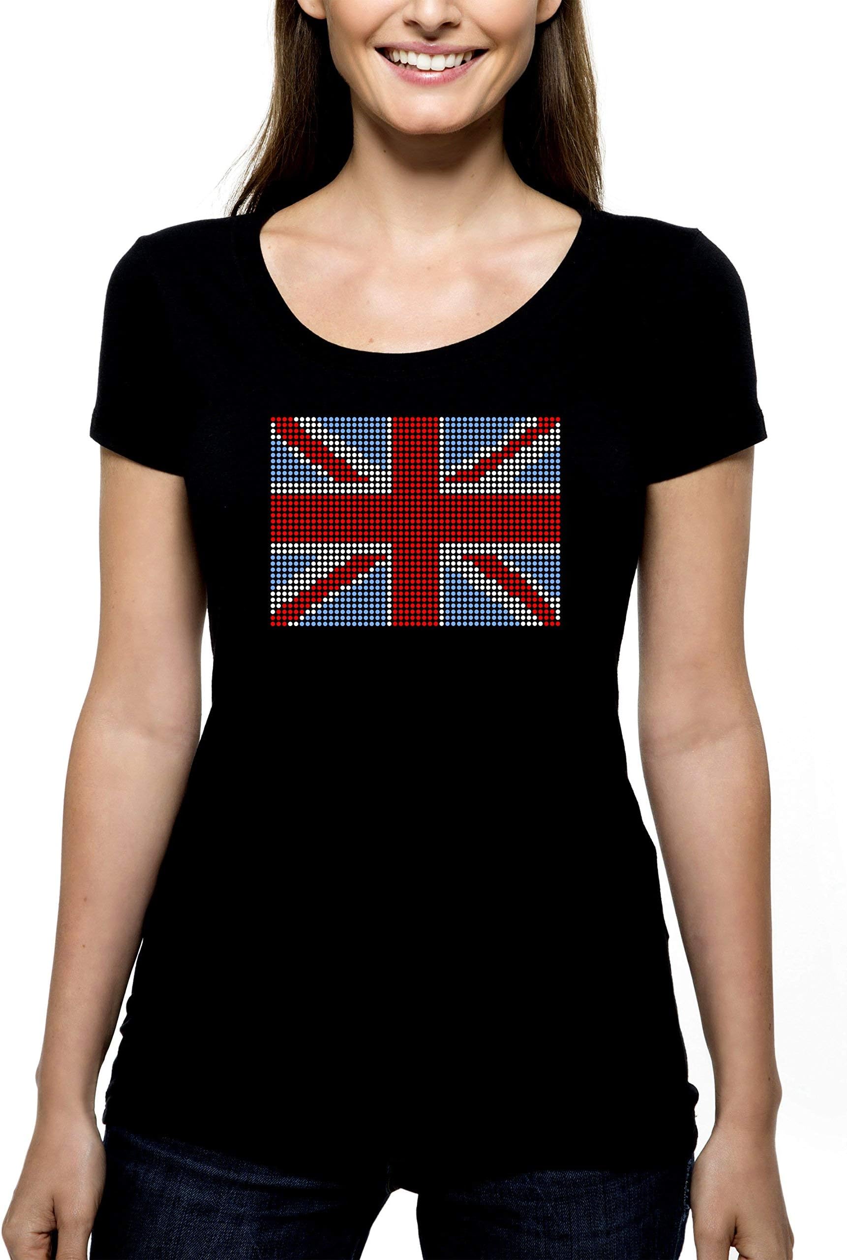 British Flag RHINESTONE T-Shirt Shirt Tee Bling - United Kingdom Great Britain England Northern Ireland Union Jack - Pick Shirt Style - Scoop Neck V-Neck Crew Neck