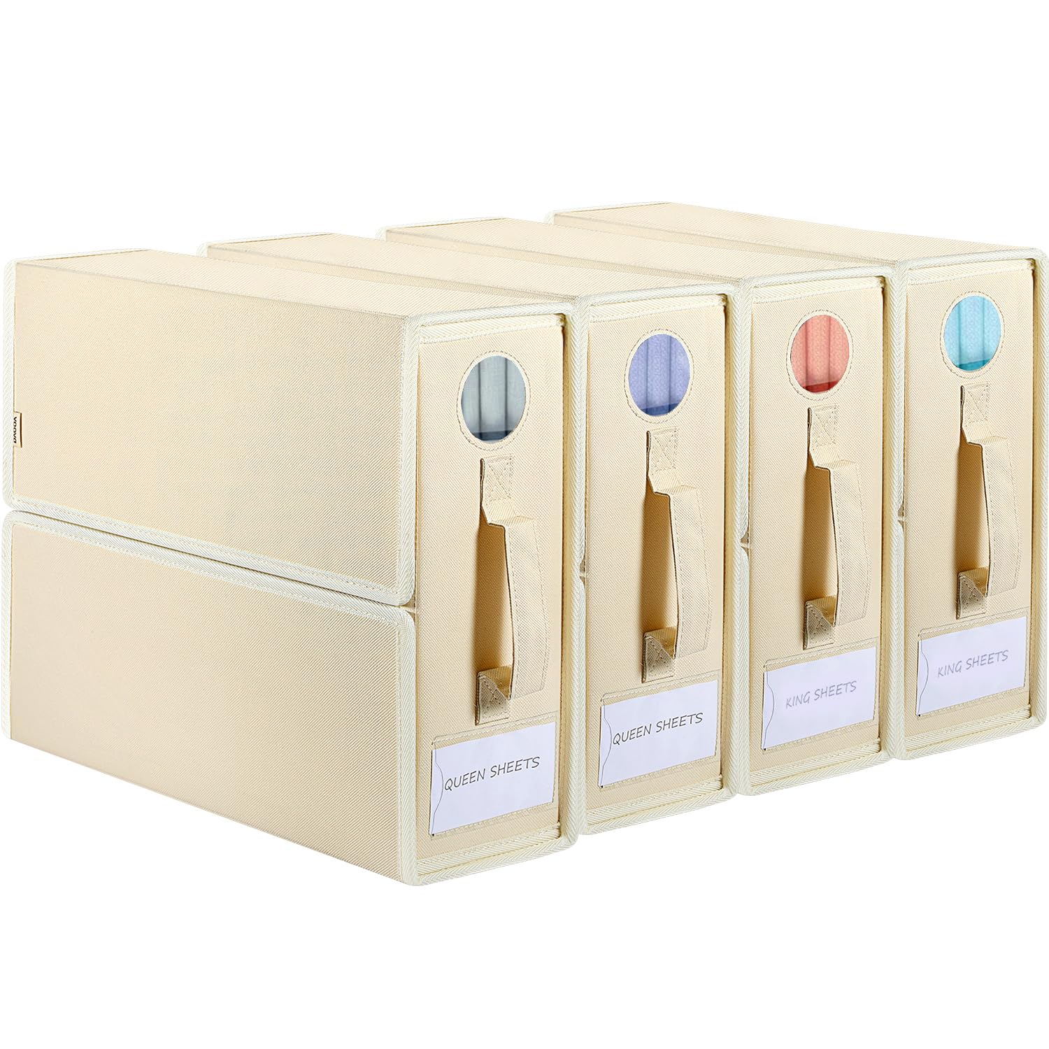 Voova 4 Pack Foldable Bed Sheet Organiser Storage, Folding Bedding Organizer Box with Clear Window and Zip for Sheets, Duvet Covers, Blankets, Pillows, Clothes and Towels(Queen & King Size), Apricot