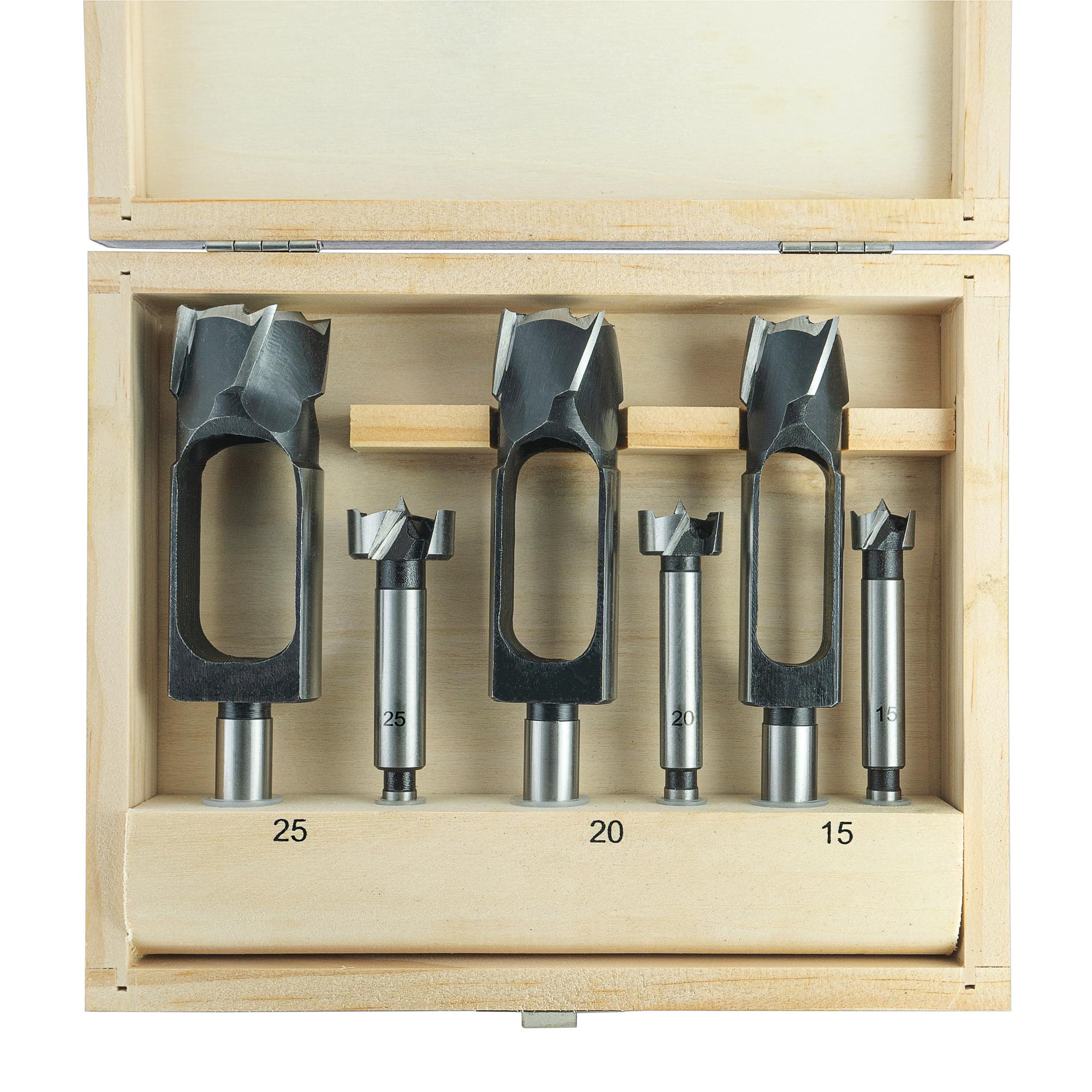 ENT 09151 6-piece tenon cutter and Forstner router bit set Ø 15, 20 and 25mm, in tool steel, for connectors, dowels and tenons made of wood.