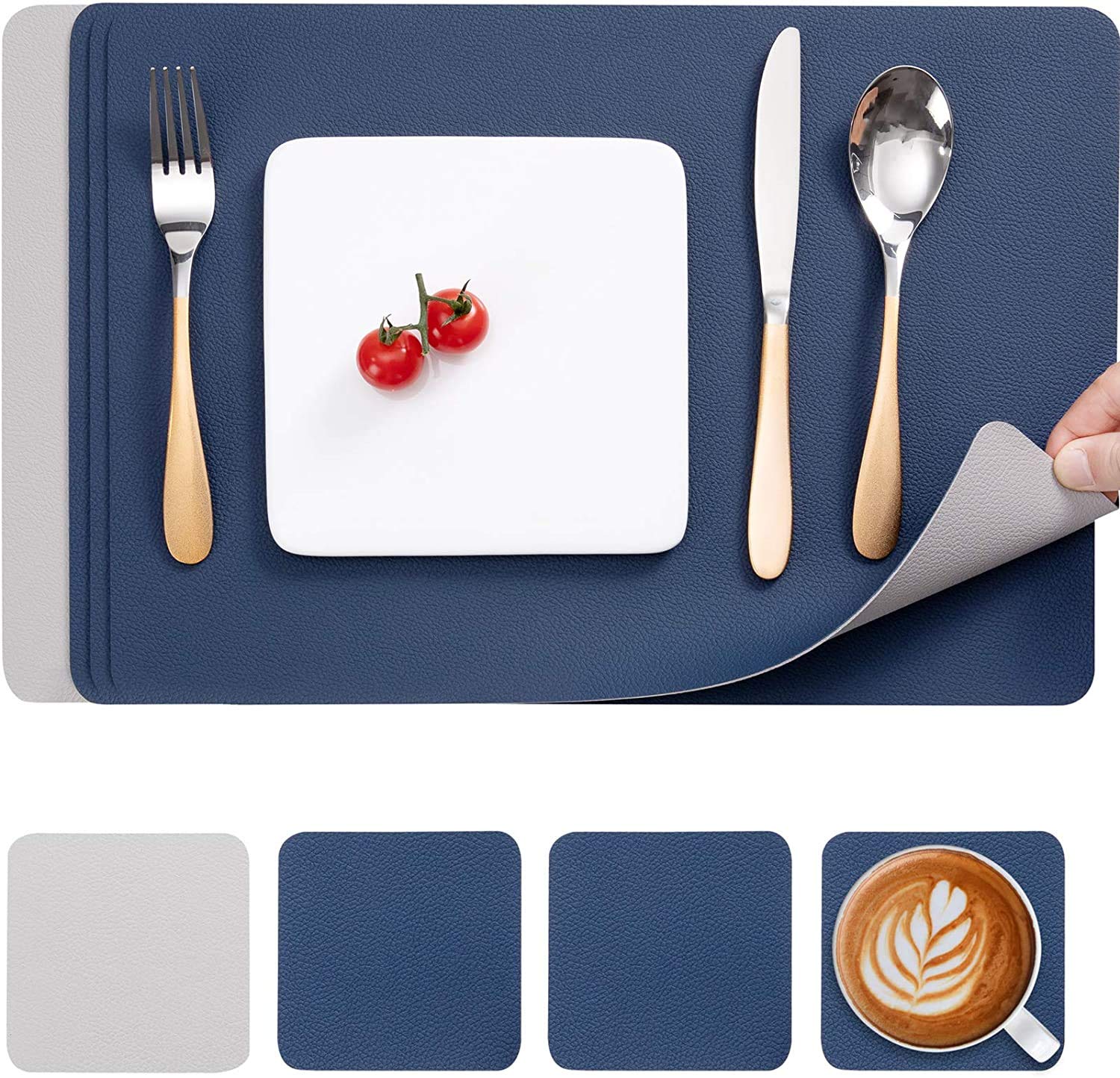 Myir JUN Leather Table Mats and Coasters, Dual-Sided Leather Placemats and Coasters Waterproof Placemats Set of 4 Place Mats Non-Slip Washable Table Mats (Blue Gray, Set of 4) — image 1