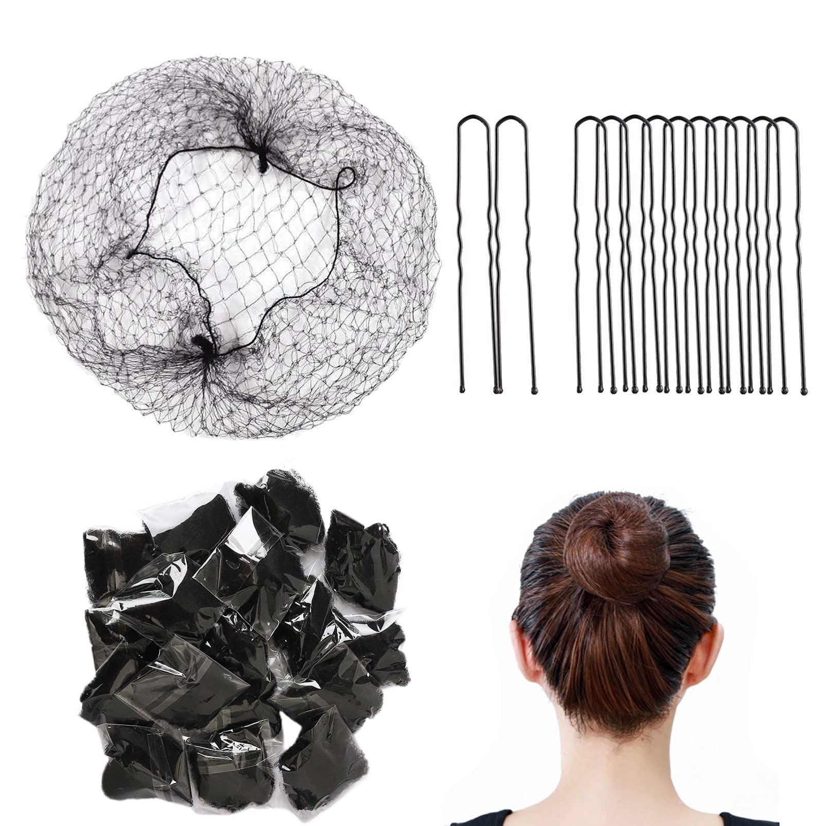 Bun Nets, Invisible Hair Bun Nets 50Pcs Black Bun Nets for Ballet Child Edge Mesh Hair Bun Accessories with 50Pcs Bobby Bun Pins for Dancers Catering Women Child Ballet (Storage Box)