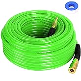 FYPower Air Hose 1/4 Inch x 100 Feet Reinforced Polyurethane (PU) | Lightweight, Bend Restrictors, Heavy Duty Braided Compressor Hose, 1/4" Industrial Solid Brass Fittings, Green